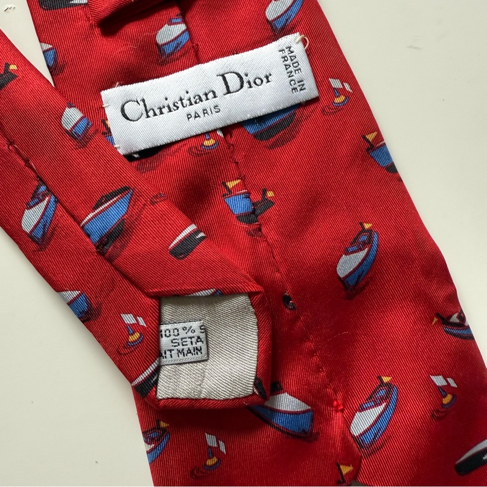 Christian Dior Red Silk Tie with Nautical Print